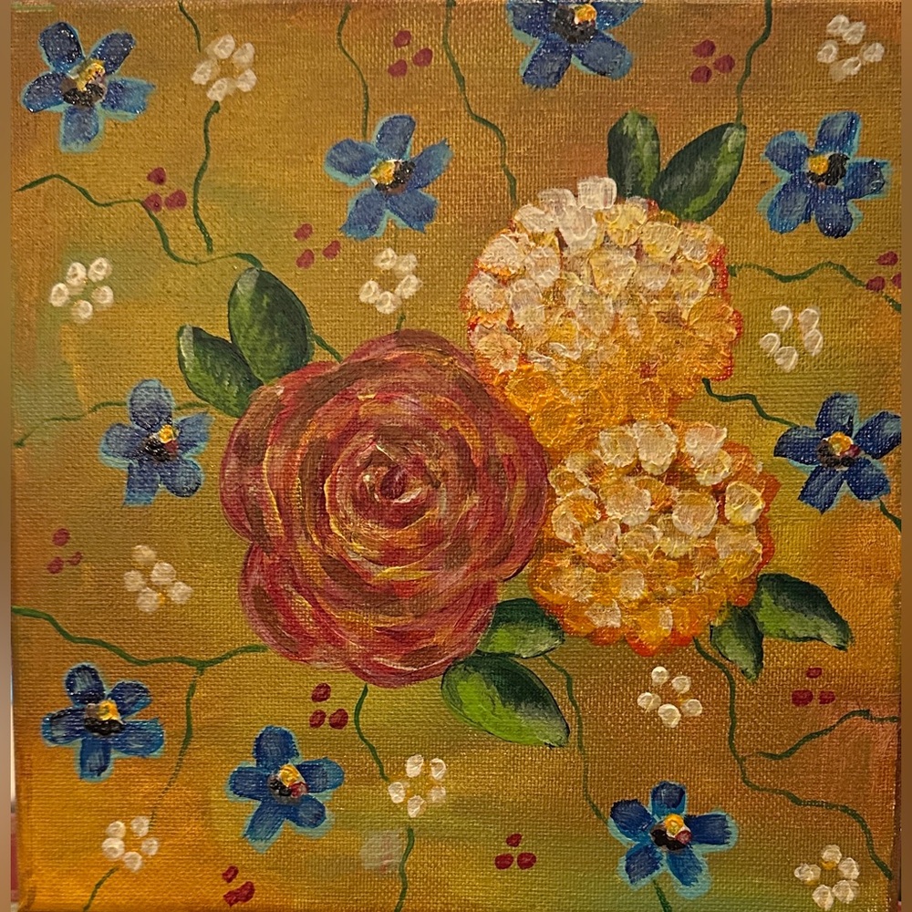 Vibrant Floral Canvas Art with Blue and Orange Blooms